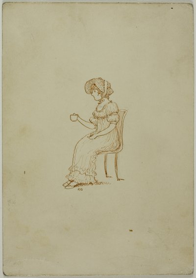 Garota Sentada Segurando Xícara de Chá de Kate Greenaway