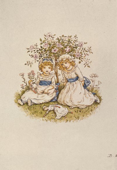 Duas meninas, com, bonecas, sentando, sob, um, roseira, 19o século de Kate Greenaway