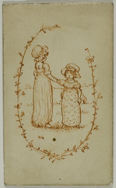 Vinheta de Duas Garotas (reto); Atena (verso) de Kate Greenaway