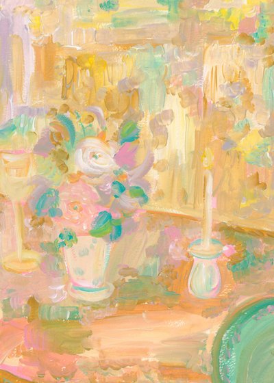 Pintura impressionista de flores e uma vela de Katharina Puritscher