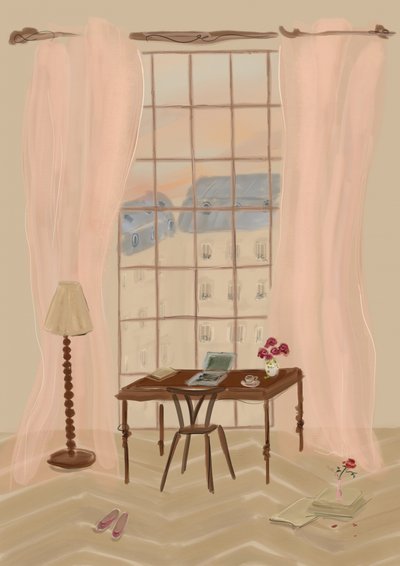 Ilustração de uma vista de janela em Paris com uma secretária rústica de Katharina Puritscher