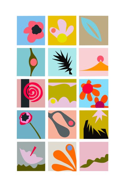 Grelha de recortes, 2023 (ilustração digital a partir de colagem original em papel) de Kathy Dunaway