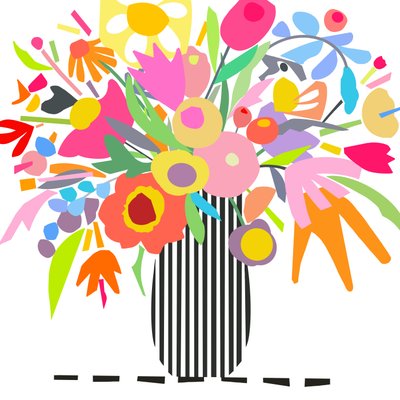 Flores e riscas 1, 2024 (ilustração digital a partir de colagem original sobre painel de madeira) de Kathy Dunaway