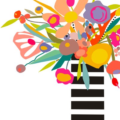 Flores e riscas 2, 2024 (ilustração digital a partir de colagem original sobre painel de madeira) de Kathy Dunaway