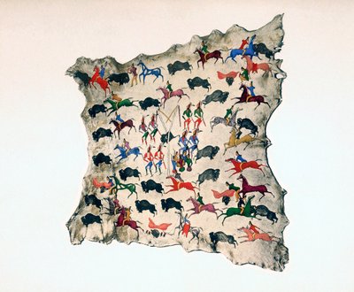Pele de alce do índio Shoshone norte-americano, mostrando a caça ao búfalo, século XX de Katsikodi