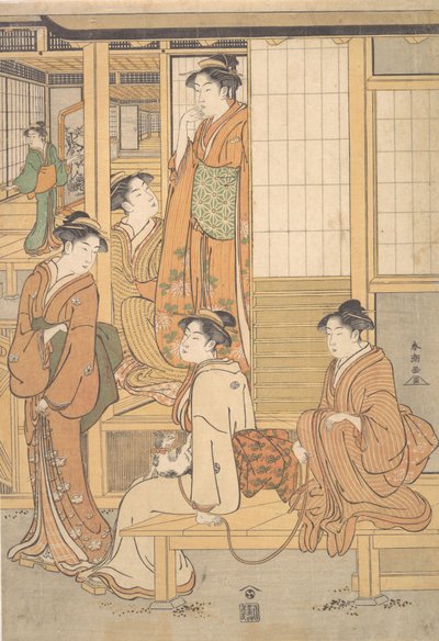 Grupo de Moças na Varanda de uma Casa de Chá, final do século XVIII. de Katsukawa Shuncho