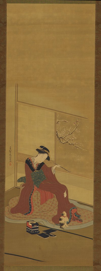 Interior: uma menina e um gatinho, período Edo, final do século XVIII. de Katsukawa Shuncho