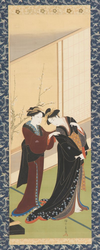 Interior: uma mulher a ajudar uma rapariga a vestir-se, período Edo, 1726-1792. de Katsukawa Shuncho