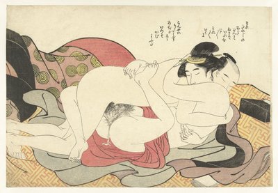 Casal amoroso em estreito abraço de Katsukawa Shuncho