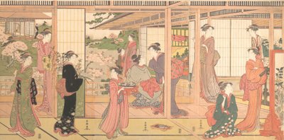 Abertura da mansão em um Jardim, ca. 1786. de Katsukawa Shuncho