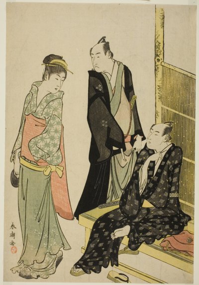 Os atores Onoe Matsusuke I e Ichikawa Omezo I em uma casa de chá de Katsukawa Shuncho