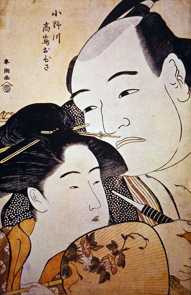 A lutadora japonesa Onagawa e a menina da casa de chá Ohisa, c.1792 (impressão em bloco de madeira) de Katsukawa Shuncho