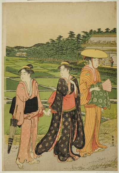 Três mulheres perto de arrozais de Katsukawa Shuncho