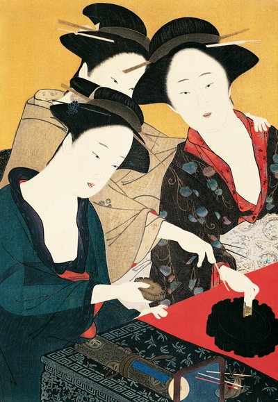 Três mulheres ao redor da fonte de tinta, artista da escola Katsukawa Shunsho (1726-1792), Japão, Civilização Japonesa de Katsukawa Shuncho