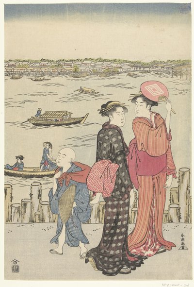 Duas mulheres e um menino no cais perto de um rio. de Katsukawa Shuncho