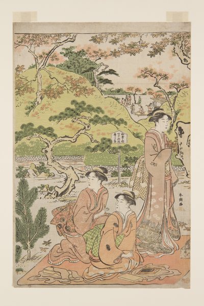 Ver as folhas de Outono no Templo Kaianji (Kaianji no momiji-kari) (impressão em bloco de madeira a cores) de Katsukawa Shuncho