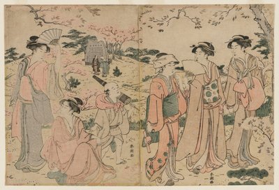 Mulheres vendo as flores de cerejeira em Asukayama de Katsukawa Shuncho