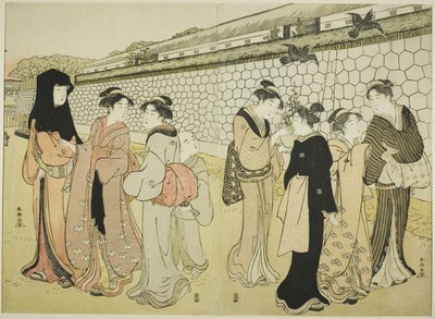 Mulheres caminhando por um fosso de Katsukawa Shuncho