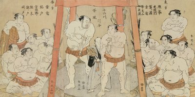 Um Tríptico Mostrando um Sorteio no Sorteio entre Onogawa e Tanikaze (impressão em bloco de madeira em papel) de Katsukawa Shunei