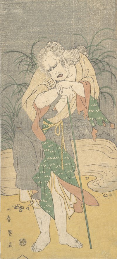 Asao Tamejuro como um velho grisalho em roupas esfarrapadas, ca. 1789. de Katsukawa Shun