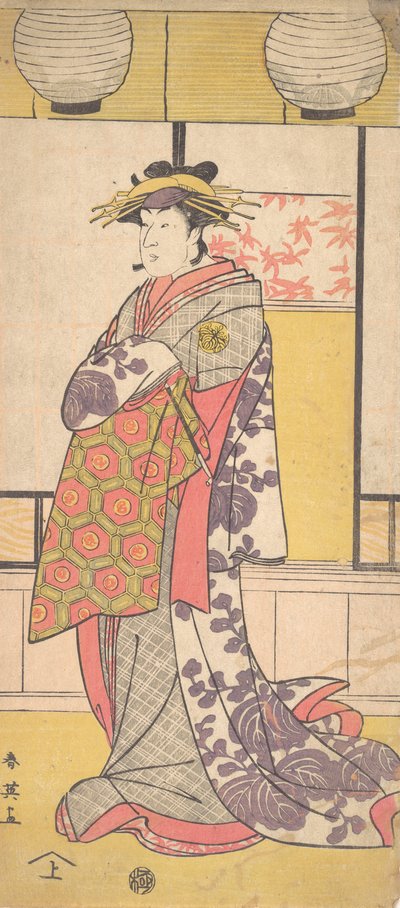 Nakayama Tatezo como cortesã em pé, virado para a esquerda, ca. 1792-93. de Katsukawa Shun