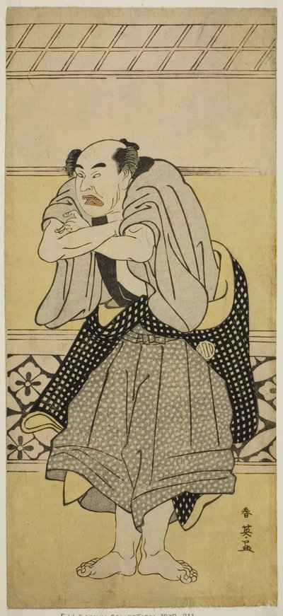 O ator Asao Tamejuro I como Gotobei bêbado na peça Yoshitsune Koshigoe Jo, representada no Teatro Ichimura no nono mês de 1790 de Katsukawa Shun