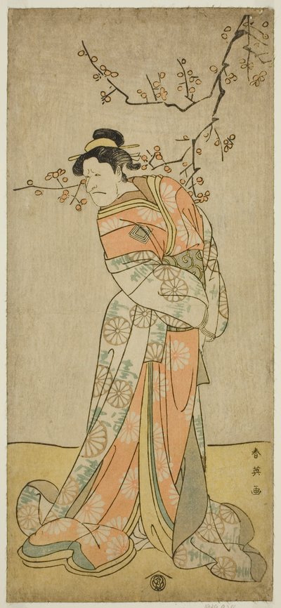 O ator Ichikawa Ebizo (Danjuro V) como a dama de companhia Iwafuji na peça Gozen-gakari Sumo Soga, representada no Teatro Kawarazaki no primeiro mês de 1793 () de Katsukawa Shun