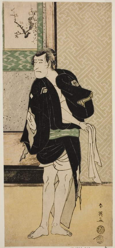 O ator Ichikawa Komazo II como Soga no Dozaburo disfarçado como o rufião Tobei () na peça Haru no Nishi Date-zome Soga (), representada no Teatro Nakamura () no primeiro mês de 1790 () de Katsukawa Shunei