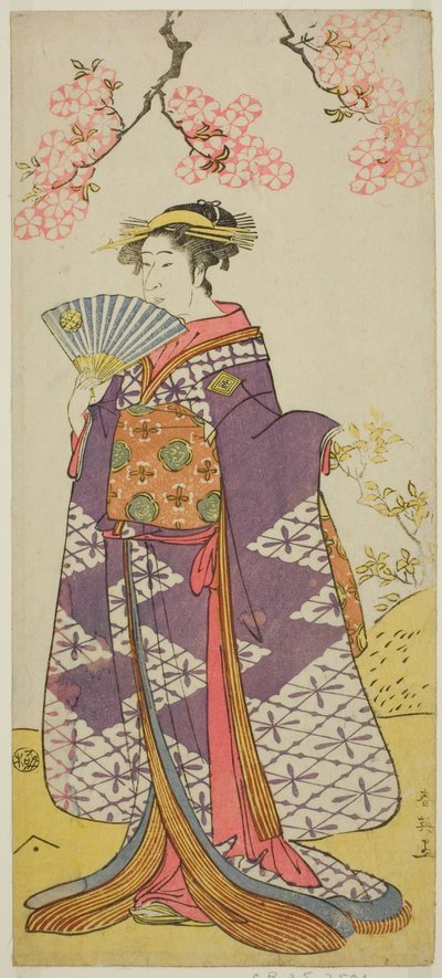 O ator Ichikawa Komazo II como o espírito da Senhora Shiragiku na peça Hatsu Midori Saiwai Soga, representada no Teatro Kawarazaki no terceiro mês de 1791 de Katsukawa Shun