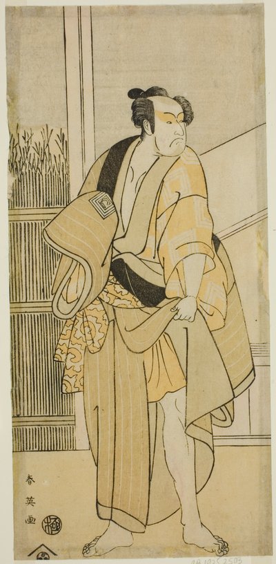 O ator Ichikawa Monnosuke II como Hiranoya Tokubei () na peça Waka Murasaki Edokko Soga (), representada no Teatro Ichimura () no terceiro mês de 1792 () de Katsukawa Shun