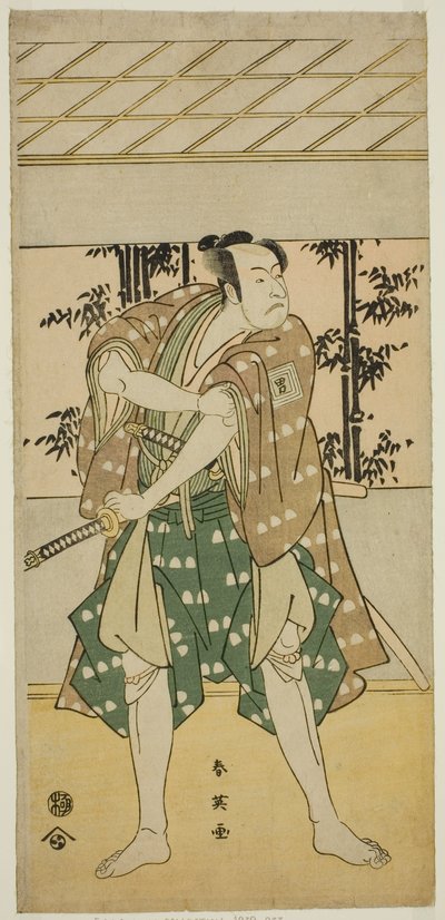 O ator Ichikawa Omezo I como o barqueiro Takihei () na peça Ofunamori Ebi no Kaomise (), representada no Teatro Kawarazaki () no décimo primeiro mês de 1792 () de Katsukawa Shun