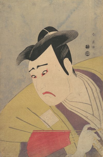 O ator Ichikawa Yaozo III segurando um leque vermelho, 1794. de Katsukawa Shun