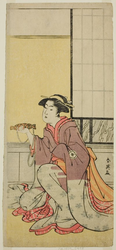 O ator Iwai Hanshiro IV como Yae (), na peça Sugawara Denju Tenarai Kagami (), representada no Teatro Kiri () no sétimo mês de 1788 () de Katsukawa Shun