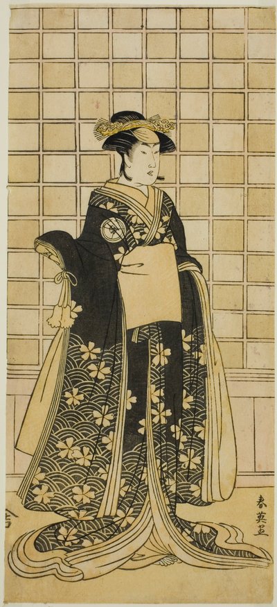 O ator Iwai Kiyotaro II como Lady Itohagi () na peça Genji Saiko Kogane Tachibana (), representada no Teatro Ichimura () no décimo primeiro mês de 1788 () de Katsukawa Shun