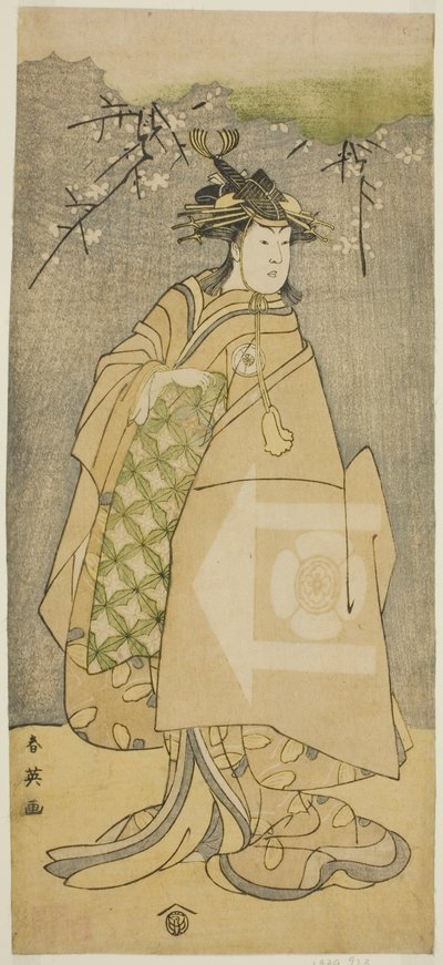 O ator Iwai Kiyotaro como Kewaizaka no Shosho na peça Gohiiki no Hana Aikyo Soga, representada no Teatro Kawarazaki no primeiro mês de 1794 de Katsukawa Shun