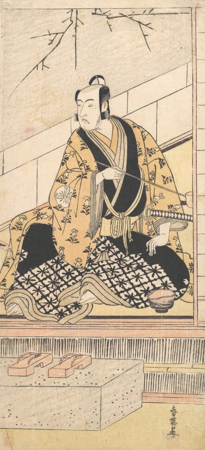 O ator Matsumoto Koshiro IV sentado em uma sala externa, 1789. de Katsukawa Shun