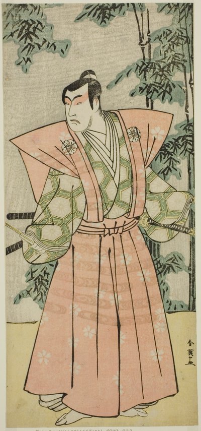O ator Matsumoto Koshiro IV como Hatakeyama Shigetada disfarçado de Honjo Soheiji () na peça Edo no Fuji Wakayagi Soga (), representada no Teatro Nakamura () no primeiro mês de 1789 () de Katsukawa Shun