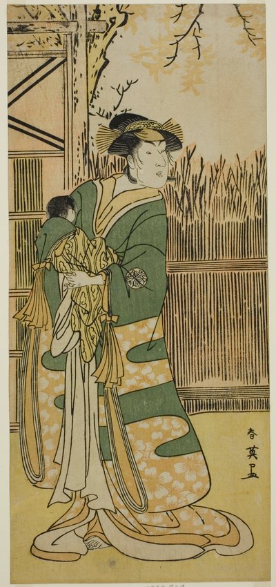 O ator Nakayama Tomisaburo I como Lady Tokiwa (Tokiwa Gozen) () na peça Kimmenuki Genke no Kakutsuba (), representada no Teatro Ichimura () no décimo primeiro mês de 1791 () de Katsukawa Shun