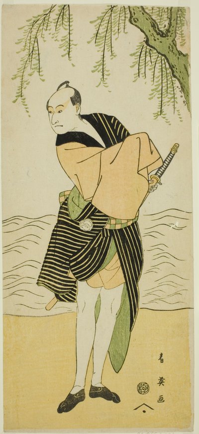 O ator Sawamura Sojuro III como Ume no Yoshihei na peça Suda no Haru Geisha Katagi, representada no Teatro Kiri no primeiro mês de 1796 de Katsukawa Shun