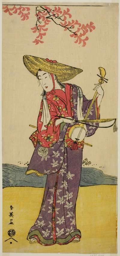 O ator Sawamura Tamagashira como músico ambulante na peça Dai Danna Kanjincho, representada no Teatro Kawarazaki no décimo primeiro mês de 1790 de Katsukawa Shun