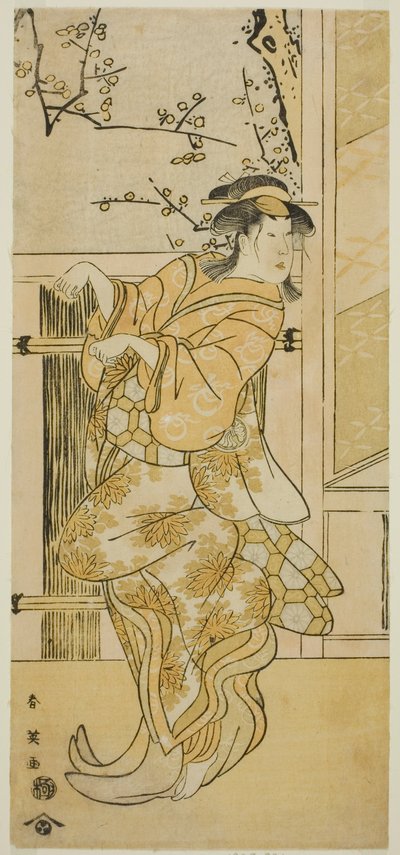 O ator Segawa Kikunojo III como Kojoro-gitsune (Raposa) disfarçado de Omiki na peça Komachi-mura Shibai no Shogatsu, representada no Teatro Nakamura no décimo primeiro mês de 1789 de Katsukawa Shun