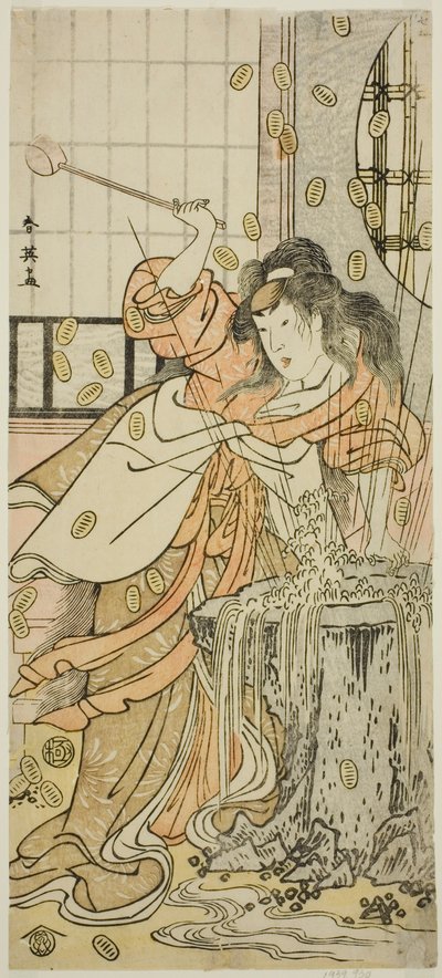 O ator Segawa Kikunojo III como a Donzela Dragão disfarçada de Osaku na peça Sayo no Nakayama Hiiki no Tsurigane, representada no Teatro Nakamura no décimo primeiro mês de 1790 de Katsukawa Shun