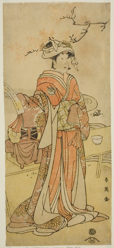 O ator Segawa Kikunojo III como a fada-raposa Otatsu-gitsune disfarçada de Shizuka Gozen na peça Kogane Saku Date no Okida, representada no Teatro Ichimura no décimo primeiro mês de 1792 de Katsukawa Shun