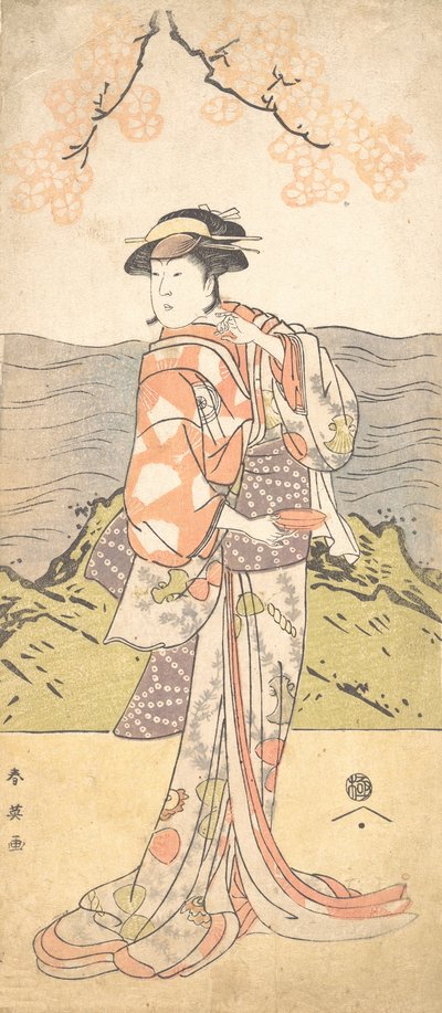 O quarto Iwai Hanshiro como uma mulher em pé debaixo de uma cerejeira, ca. 1792 de Katsukawa Shun