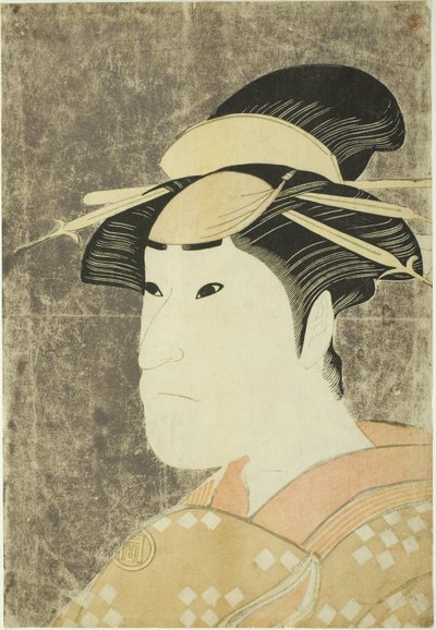 O ator Sanogawa Ichimatsu III como a prostituta Onayo de Gion na peça "Hana-ayame Bunroku Soga", apresentada no Teatro Miyako no quinto mês de Katsukawa Shunei