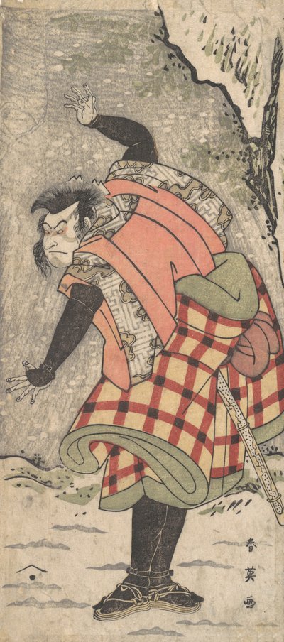 Ator não identificado como um Kyokaku ao pé de um penhasco em uma tempestade de neve, ca. 1793. de Katsukawa Shun