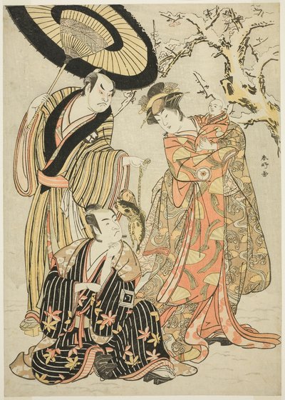 Os actores Iwai Hanshirô IV, Ichikawa Monnosuke II e Sakata Hangorô III, em "Snowflakes: Elevando o nível em Izu" ("Mutsu no Hana Izu no Hataage") de Katsukawa Shunkо̄