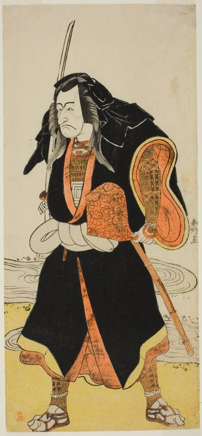 O ator Ichikawa Danjuro V, provavelmente como Ise no Saburo disfarçado de Sanjo Uemon, líder de um bando de ladrões, na segunda parte da peça Fude-hajime Kanjincho (Primeira Caligrafia do Ano Novo: Kanjincho [A Lista de Assinaturas]), representada no Teatr de Katsukawa Shunkо̄