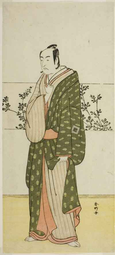 O ator Ichikawa Monnosuke II, possivelmente como Matsuya Soshichi, na peça Chiyo no Hajime Ondo no Seto (Início da Eternidade: O Estreito de Ondo no Mar Interior de Seto) (), representada no Teatro Kiri a partir do vigésimo sétimo dia do sétimo mês, 1 de Katsukawa Shunkо̄