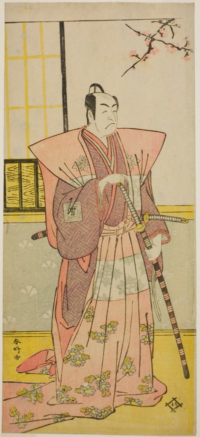 O ator Ichikawa Omezo I como Koyurugi Motomenosuke () na peça Haru no Nishiki Date-zome Soga (), representada no Teatro Nakamura () no primeiro mês de 1790 () de Katsukawa Shunkо̄